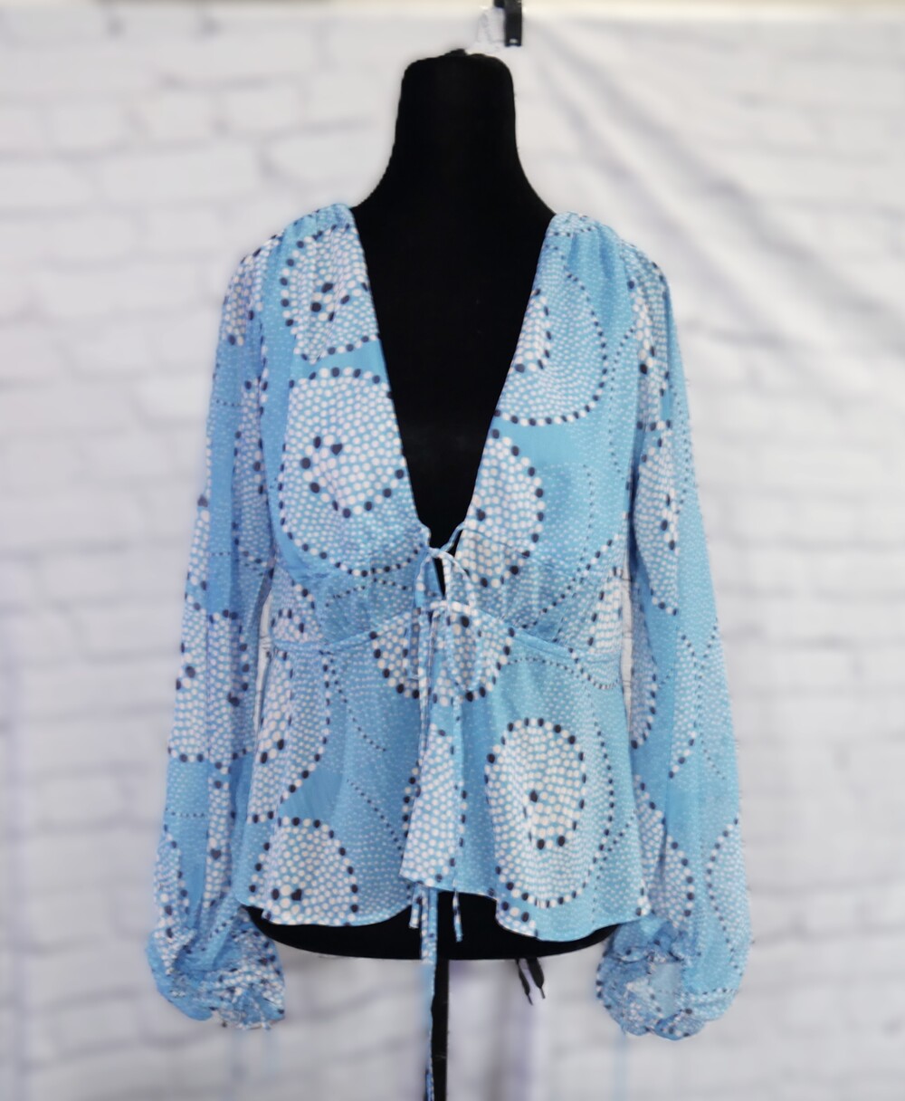 STAUD Shelby Top Blue Polka Dot Long Sleeve Blouse XS